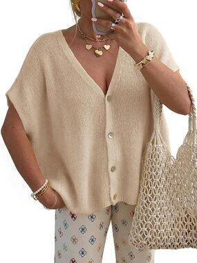 Short Sleeve Sweater Cardigan Lightweight V-Neck Summer Loose Fit - NWOT - L